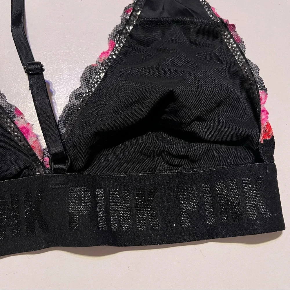 PINK Victoria Secret Black Pink Rose Floral Halter Neck Bralette Bra Small